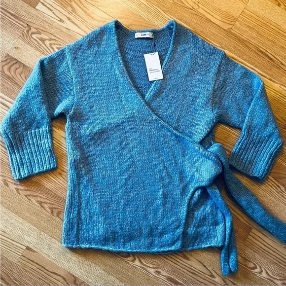 NWT Zara The Knitwear Collection Baby Blue Chunky Oversized Wrap Sweater - Picture 8 of 12